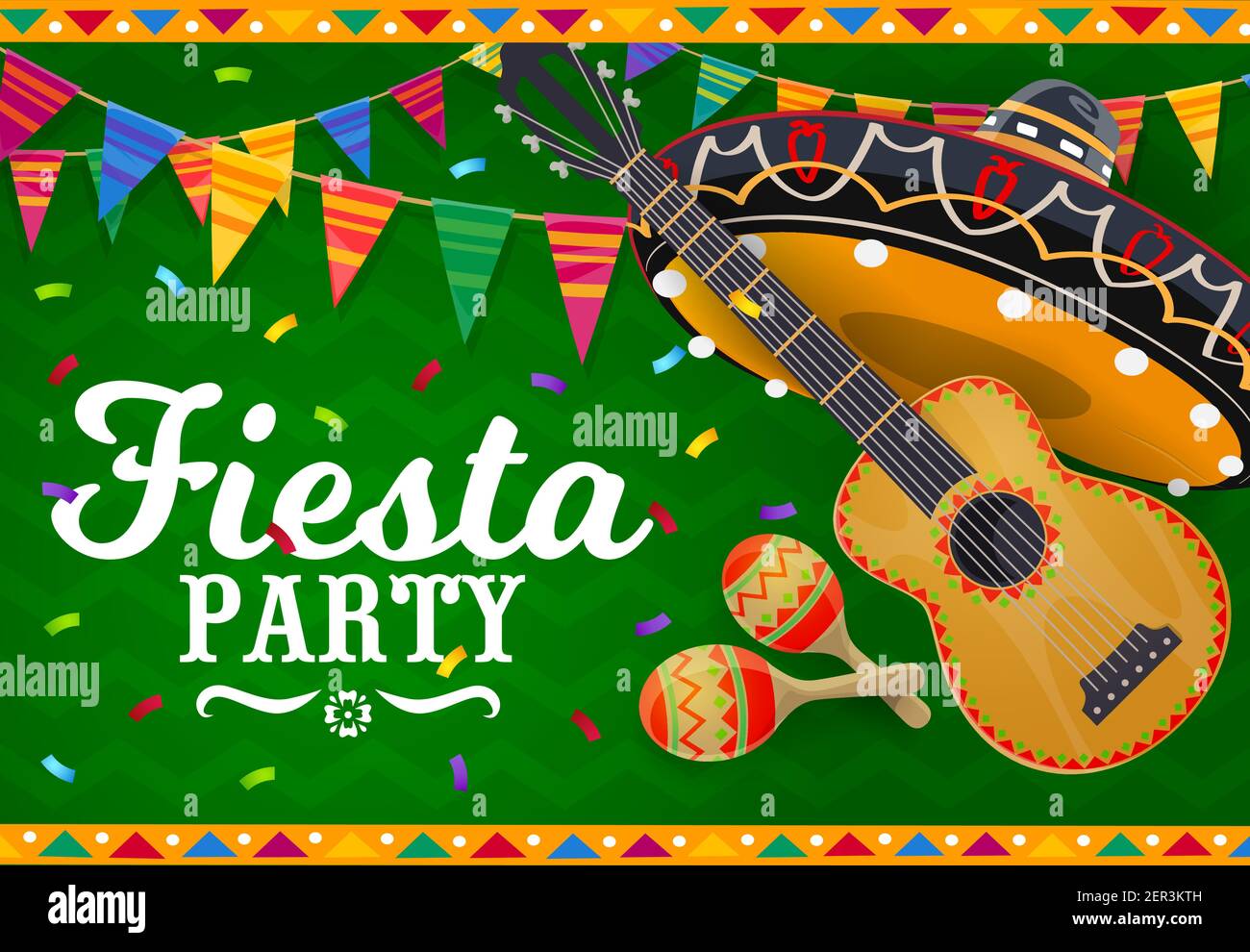 Mexican sombrero, guitar and maracas vector banner. Fiesta party ...