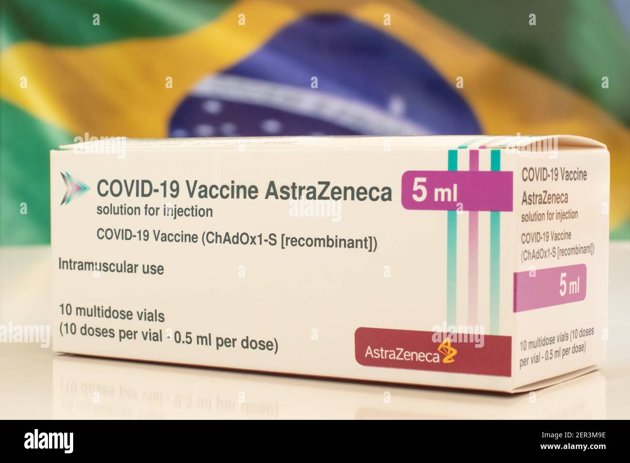 AstraZeneca vaccine for immunization COVID 19 disease. Brazil flag. Worldwide pandemic vaccination with the Astra Zeneca vaccine Stock Photo