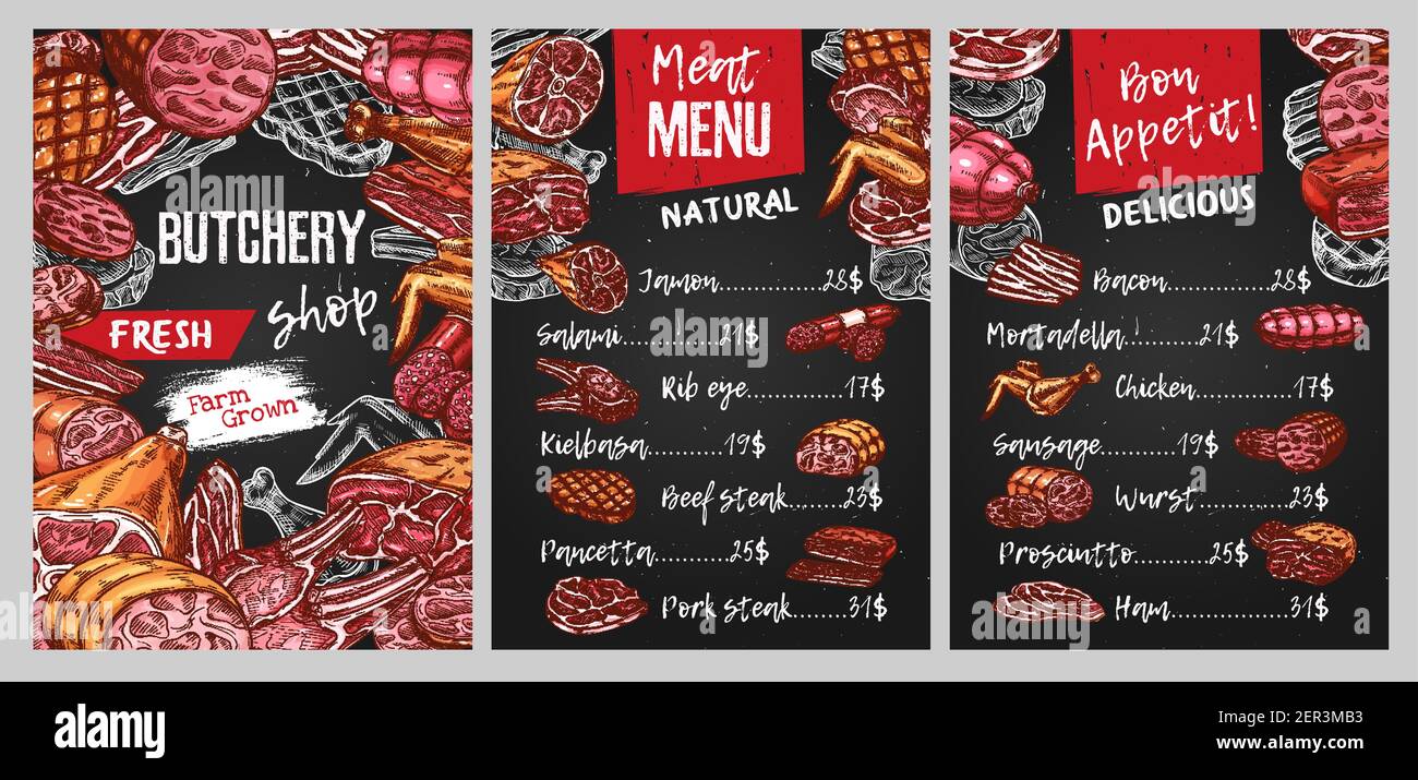Butcher shop meat menu vector template. Jamon, salami and ham, pork