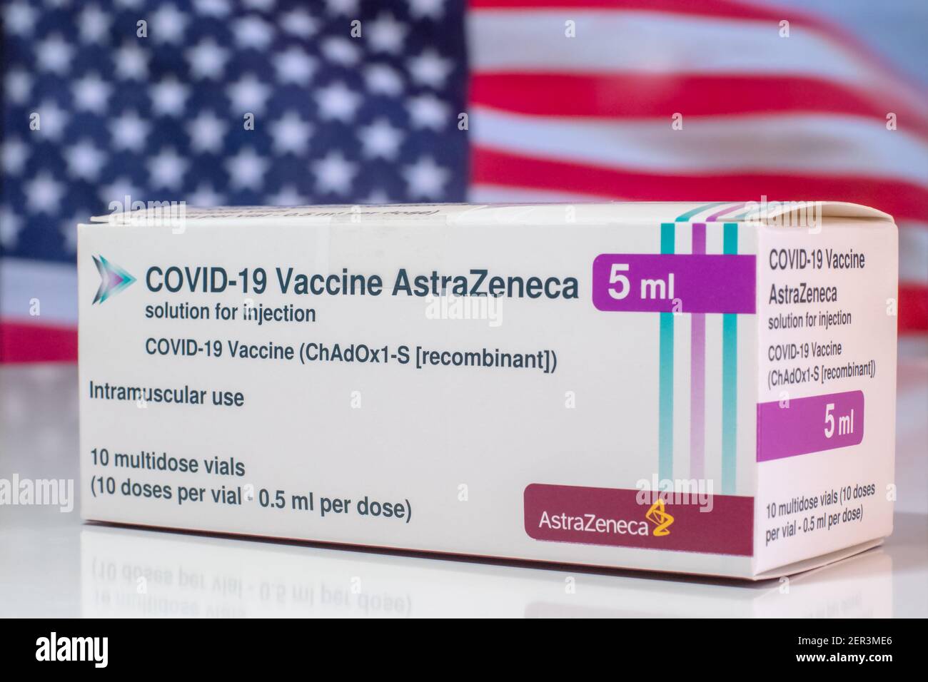 AstraZeneca vaccine for preventing COVID 19 disease. United States flag. Worldwide pandemic vaccination with the Astra Zeneca vaccine Stock Photo