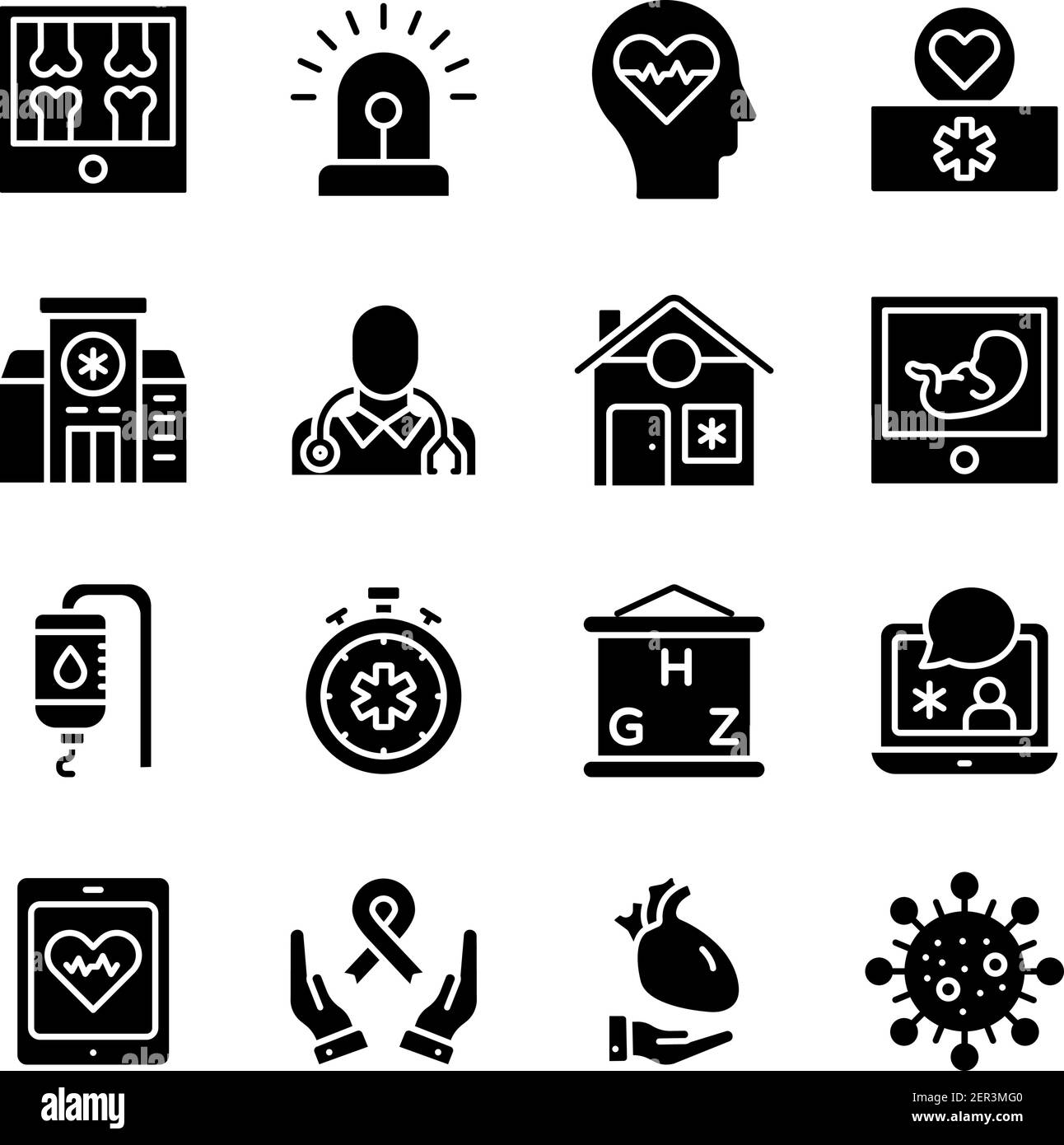 Pack of Medical and Healthcare Solid Icons Stock Vector