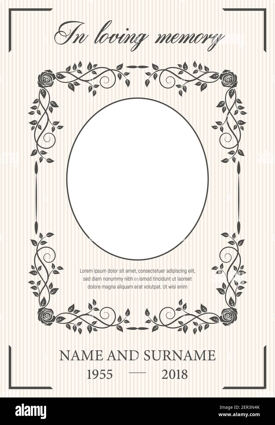 Funeral card vector template with oval frame for photo, condolence rose  flowers, leaves flourishes, place for name, birth and death dates. Obituary  me Stock Vector Image & Art - Alamy