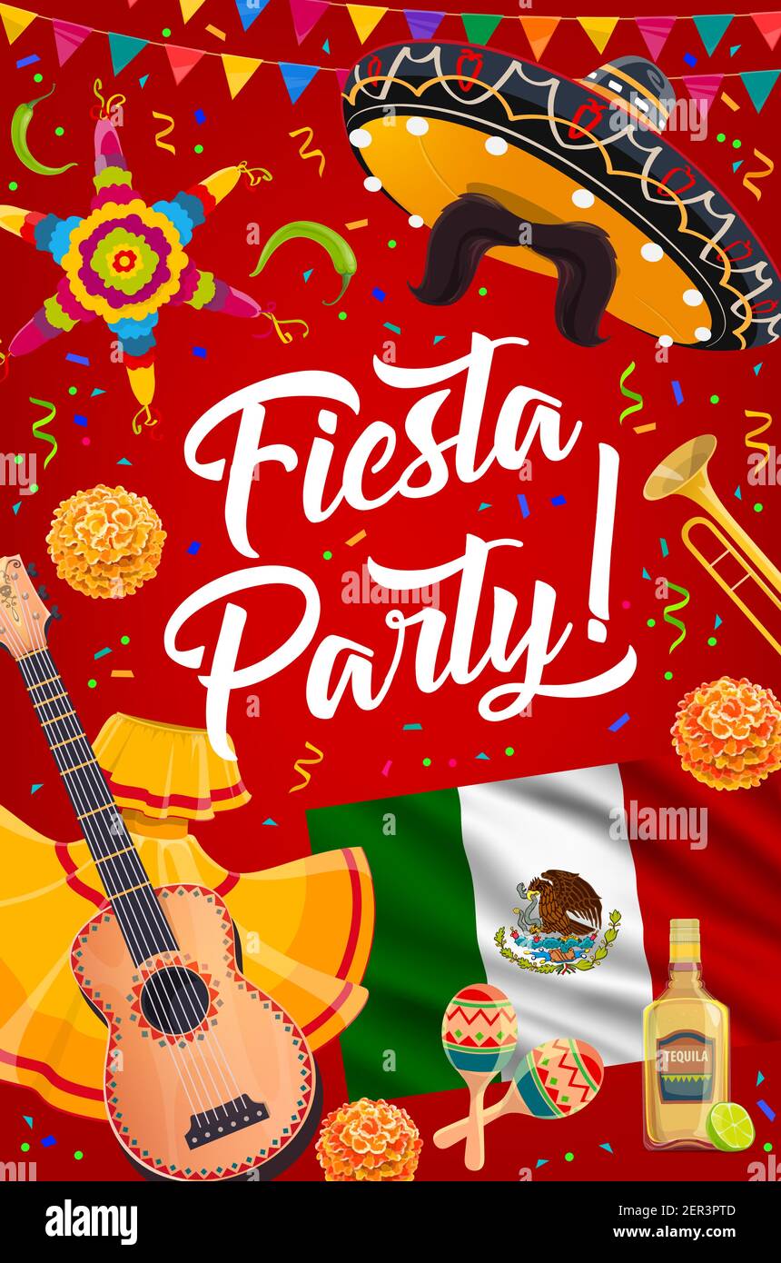 Mexican sombrero, guitar and maracas of vector fiesta party. Mexican ...