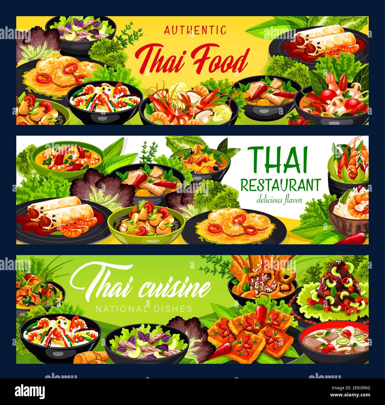 Thai cuisine vector beef salad, ginger soup with sea bass and chicken noodles, spicy chicken pieces with cashews. Fried pork sandwiches and pineapple Stock Vector