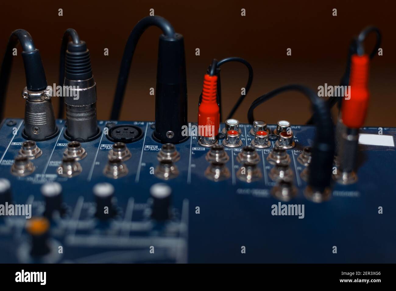 Cables in mixing console . Recording studio sound mixing board Stock
