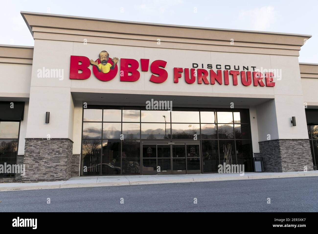 A Bob's Discount Furniture logo seen on a retail store front in