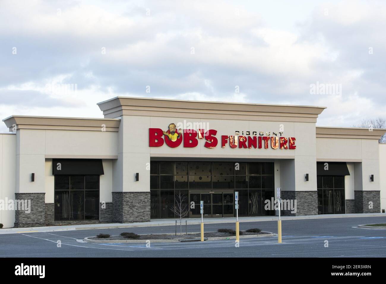 A Bob's Discount Furniture logo seen on a retail store front in