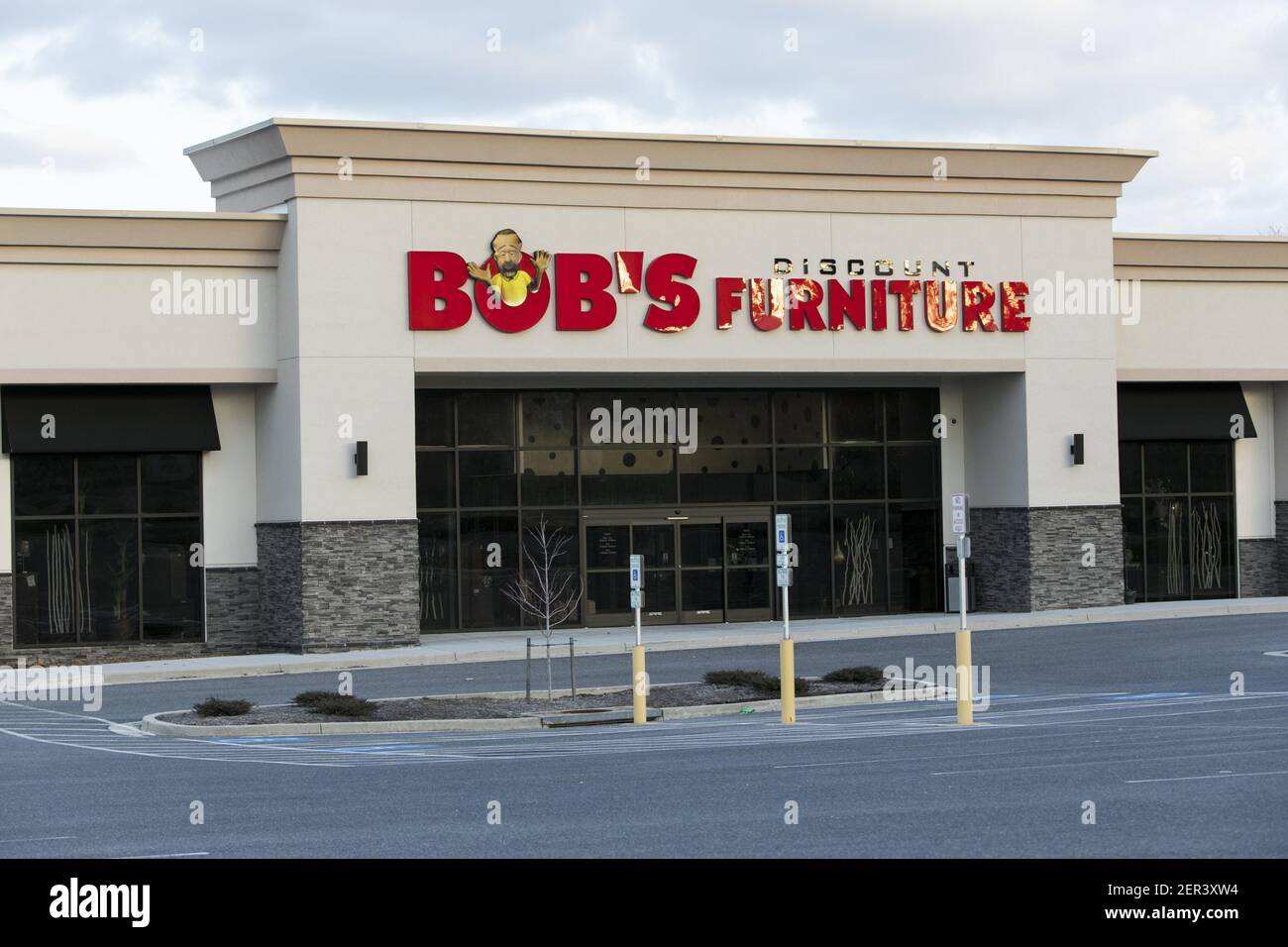 A Bob's Discount Furniture logo seen on a retail store front in