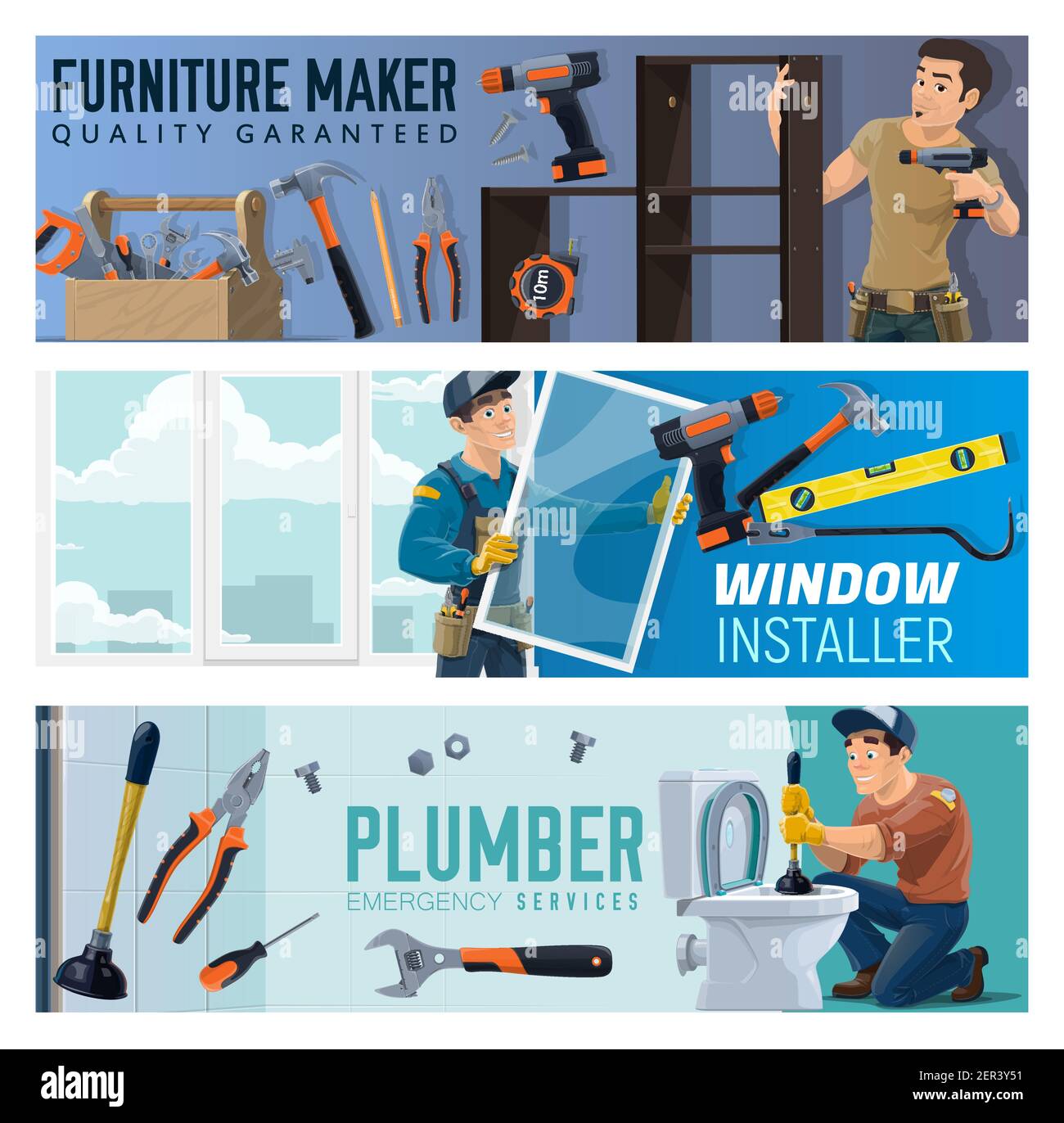 Furniture Maker Windows Installer And Plumber Service Banners Handyman With Screwdriver Assembling Furniture Worker In Overalls Installing Window A Stock Vector Image Art Alamy