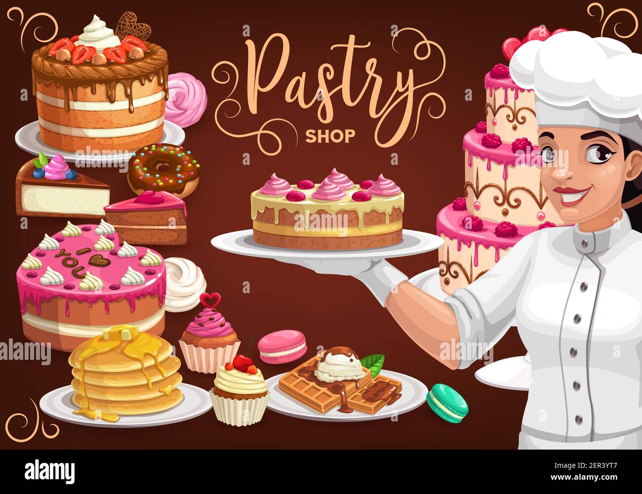 Pastry Shop Patisserie Bakery Vector Baker Woman Presenting Cake Homemade Desserts Bake Pancakes And Pies Fresh Baking Sweet Donut Meringues Cu Stock Vector Image Art Alamy