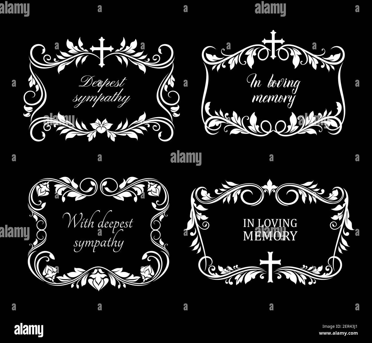 Funeral vector frames with mourning white flowers, flourishes and cross. Floral borders with condolence typography. Obituary mournful funereal monochr Stock Vector