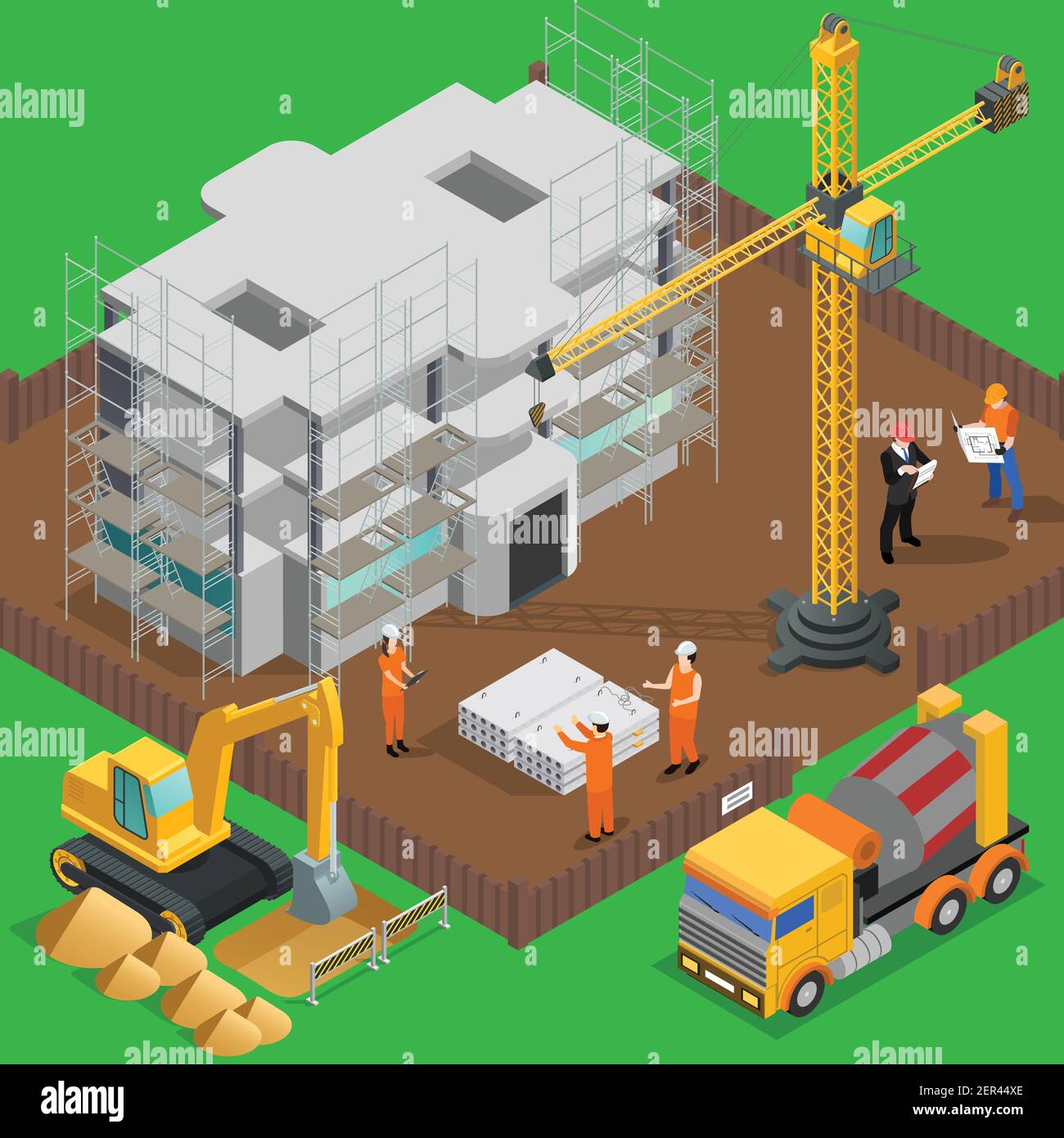 Construction isometric composition with view of high rise building yard ...