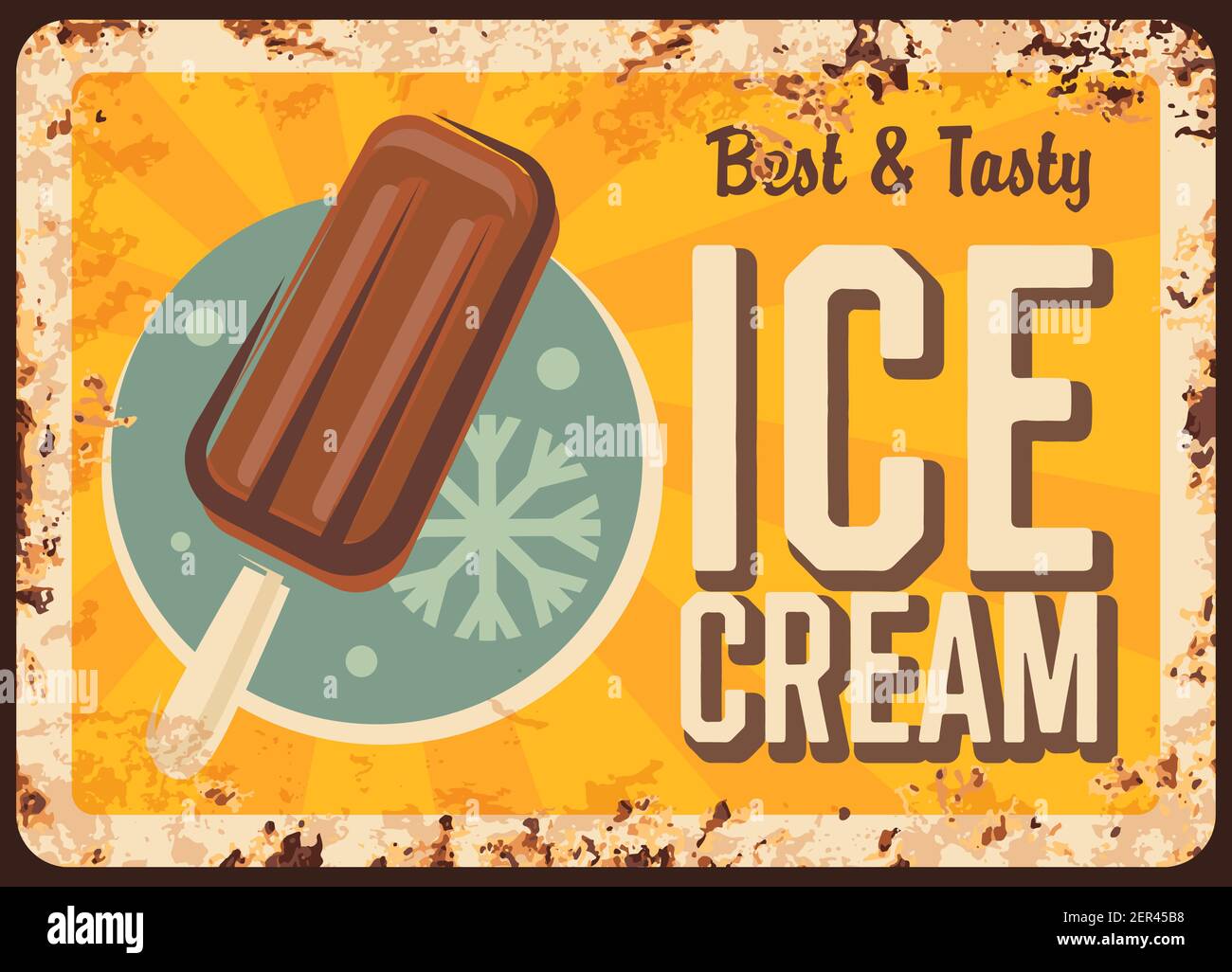 Chocolate ice cream rusty metal vector plate. Frozen dessert with