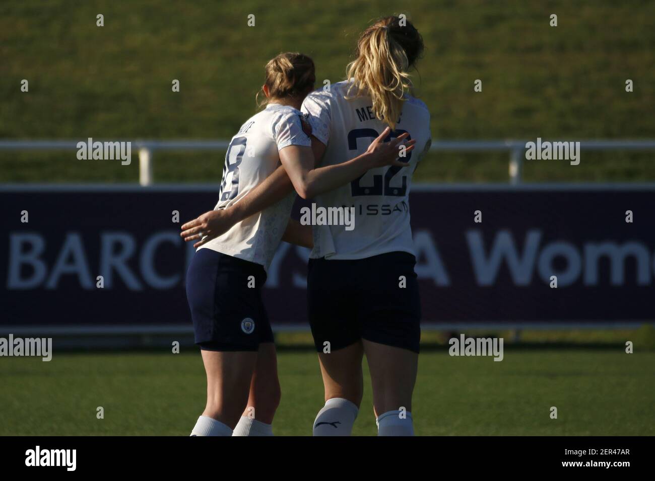 Burton Upon Trent, UK. 28th Feb, 2021. Ellen White (#18 Manchester City)  and Sam Mewis (#22 Manchester City) celebrate their sides first goal in the  Barclays FA Women's Super League game between