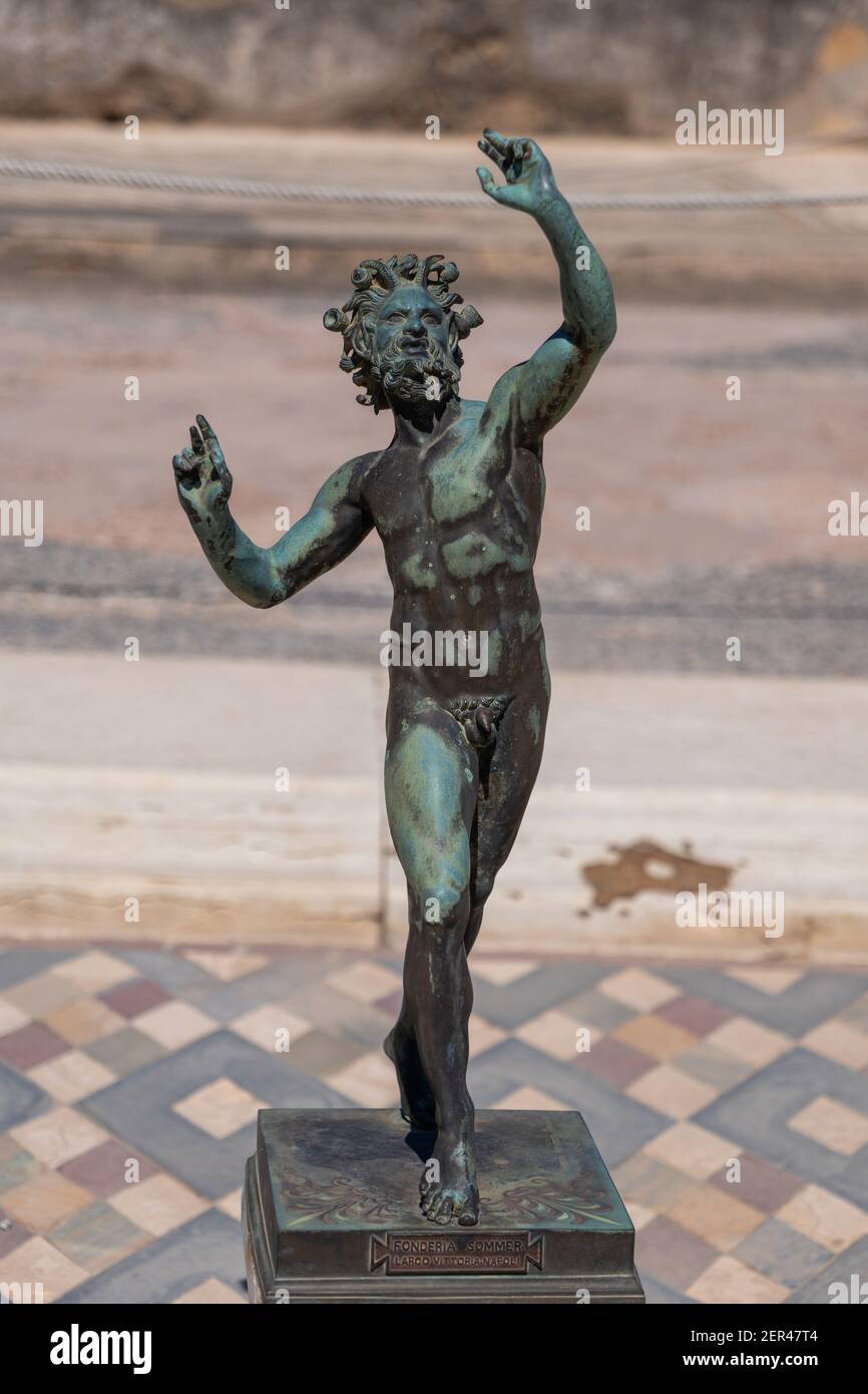 House of the Faun (Italian: Casa del Fauno) with dancing faun statue in ancient Pompeii, Italy Stock Photo