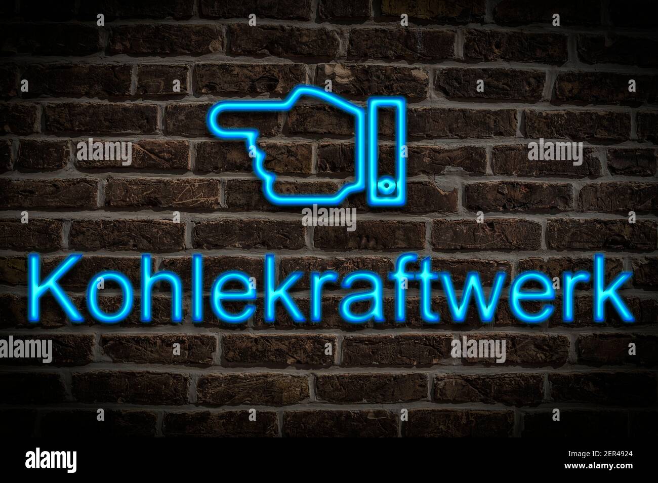 Detail photo of a neon sign on a wall with the inscription Kohlekraftwerk (Coal-fired power station) Stock Photo
