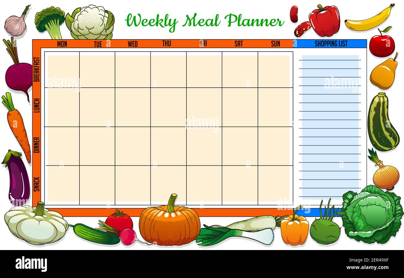 Weekly meal planner vector food week plan with sketch vegetables and