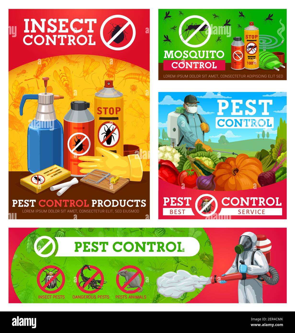Insect control vector posters. Extermination, pest control workers