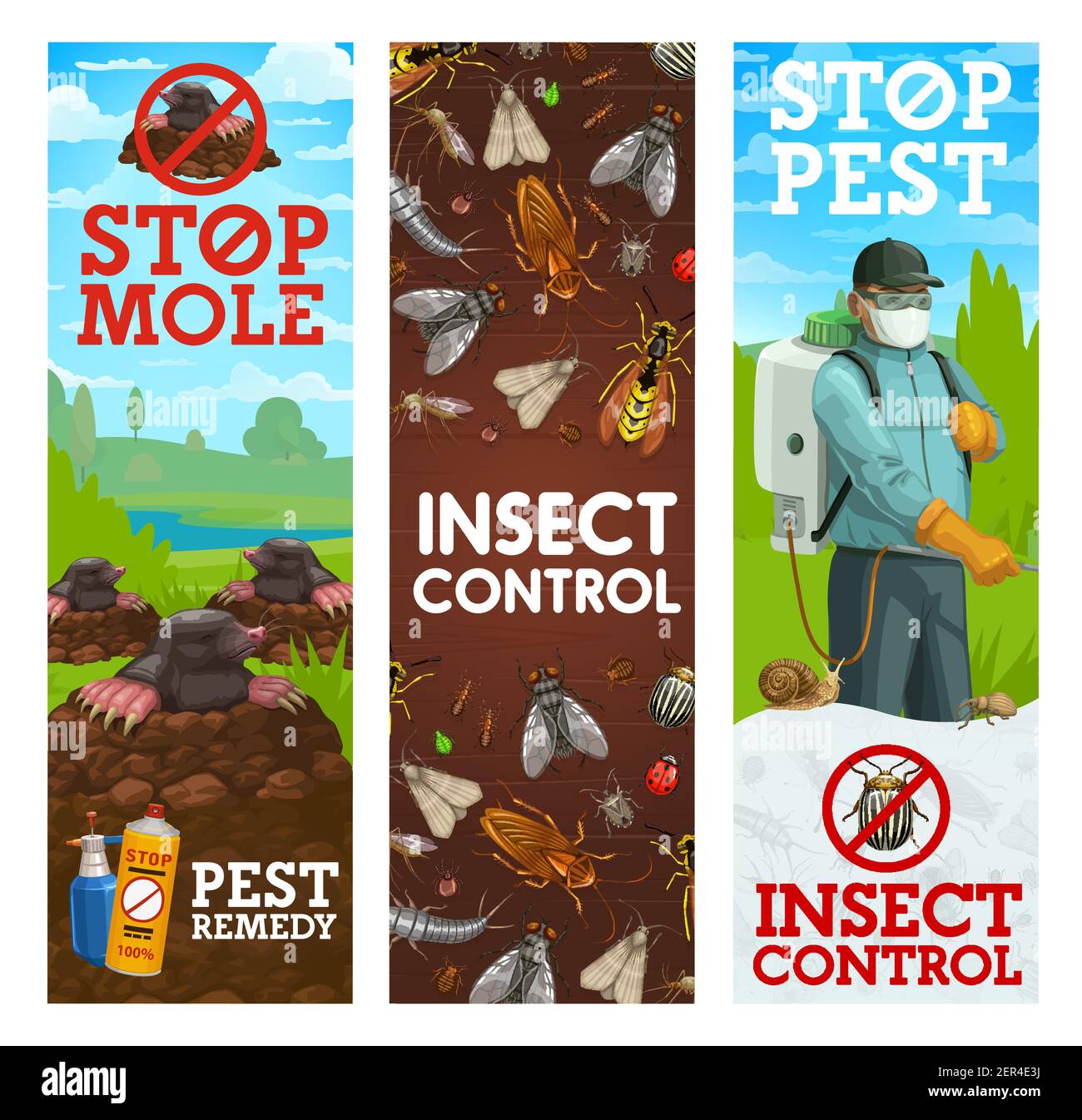 Pest control banners, vector worker spraying insecticide against insects and rodents. Exterminator in protective suit and mask with pressure sprayer. Stock Vector
