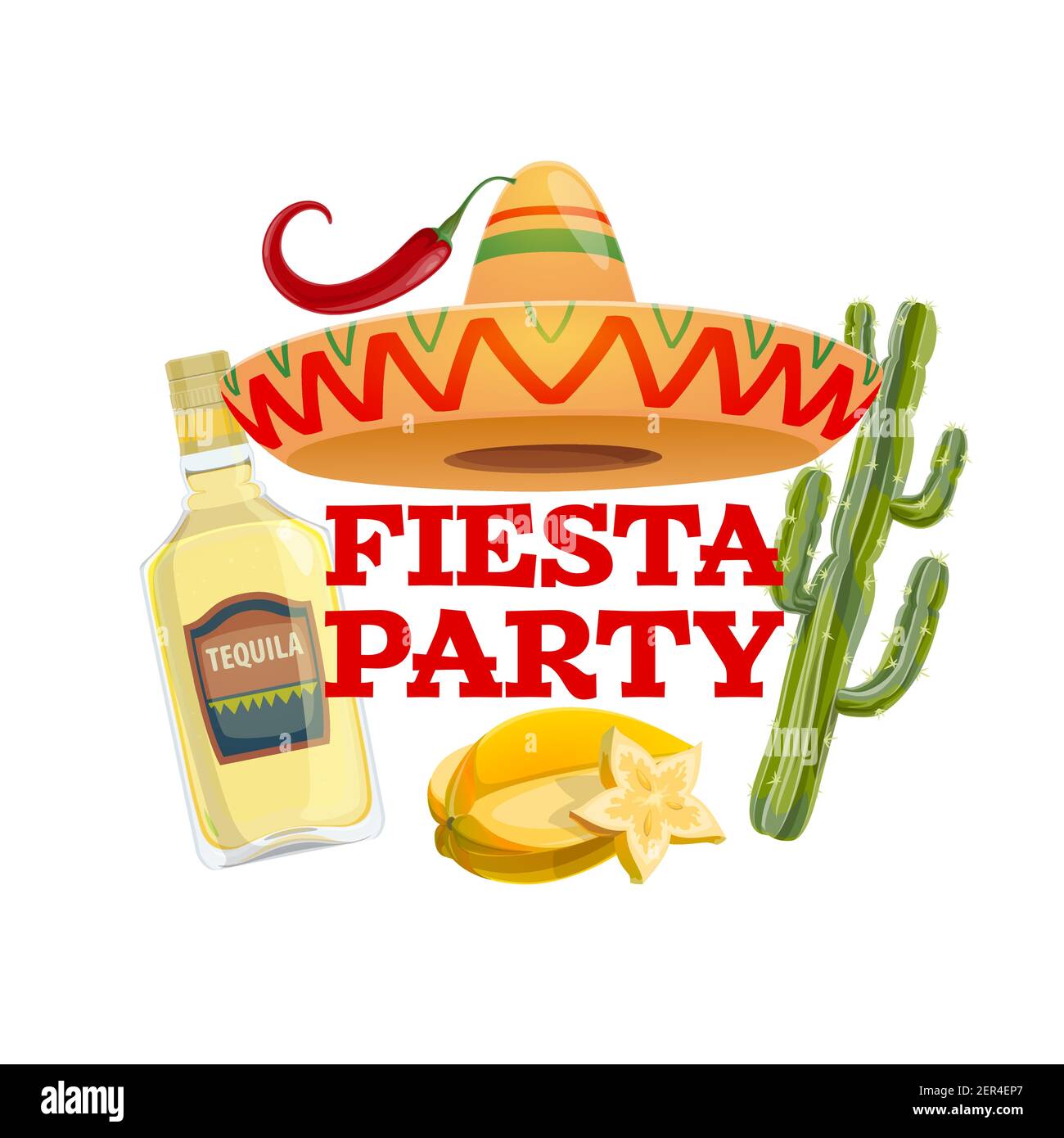 Fiesta party vector icon with traditional mexican sombrero hat, tequila ...