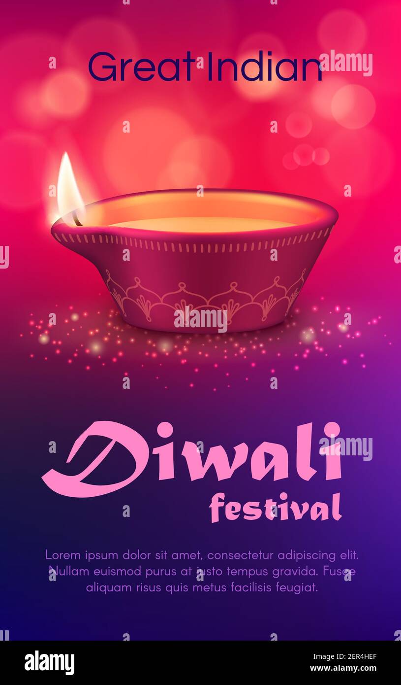 Diwali festival of light vector design with diya lamp. Indian holiday of Hindu religion oil lamp or lantern made of red clay with rangoli decoration, Stock Vector