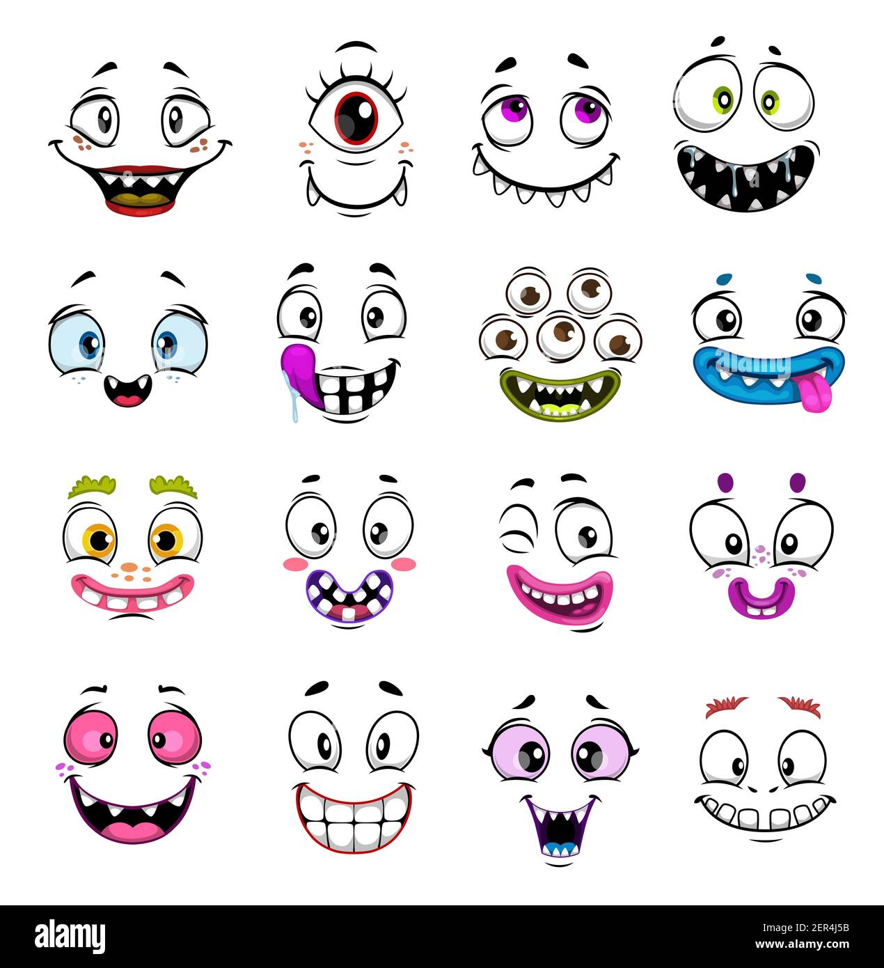 Cute monster faces cartoon design with vector Halloween emoticons and emojis. Funny demon, zombie or vampire, happy alien, cyclop and troll, gremlin a Stock Vector