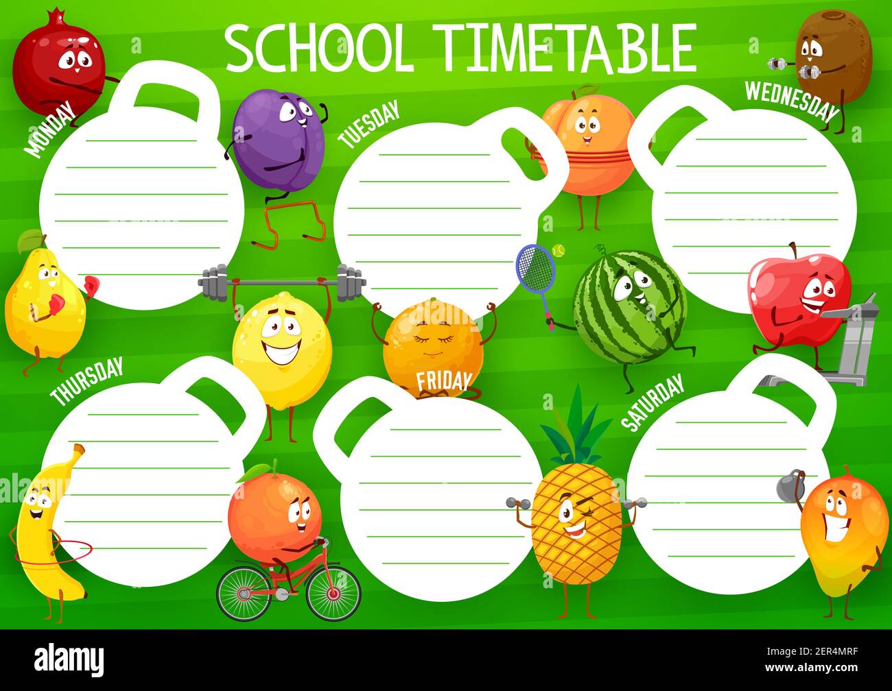 Education school timetable vector template with cartoon fruits