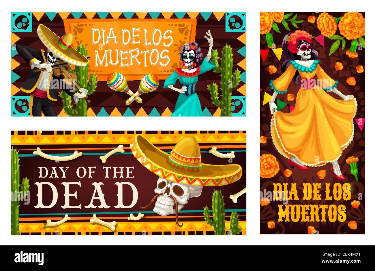 Day of the Dead vector banners with Dia de los Muertos skeletons ...