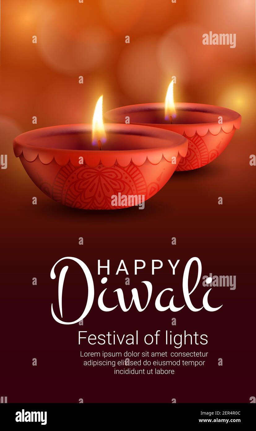 Diya lamps of Indian Diwali light festival, vector Hindu religion. Deepavali holiday oil lamps or candle lantern in clay cups with burning flames, rel Stock Vector