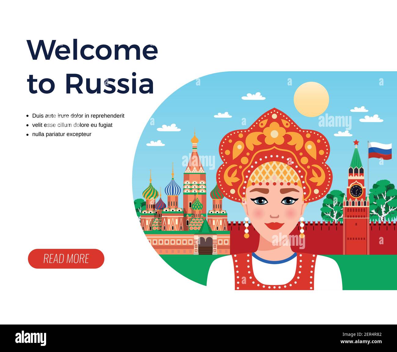 Welcome to Russia flat composition travel agency advertising design with girl in sarafan and kokoshnik vector illustration Stock Vector
