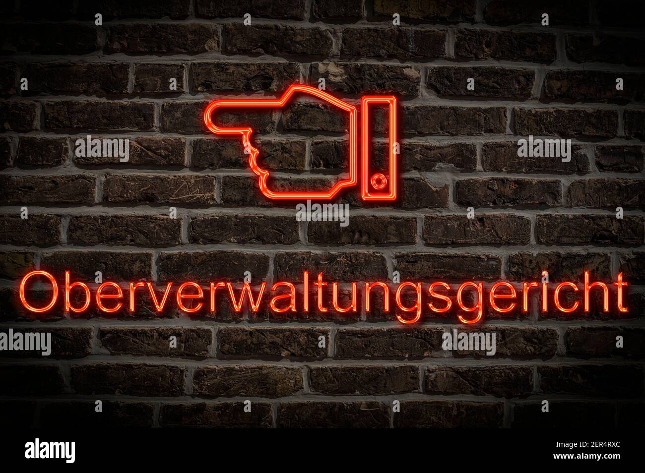 Detail photo of a neon sign on a wall with the german inscription Oberverwaltungsgericht (Higher Administrative Court) Stock Photo