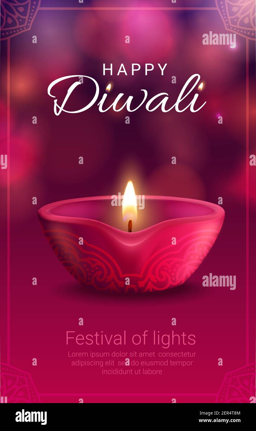 Diwali festival of light vector banner with Indian Hindu religion diya lamp. Pink oil lamp with fire flame and clay cup, decorated by rangoli ornament Stock Vector