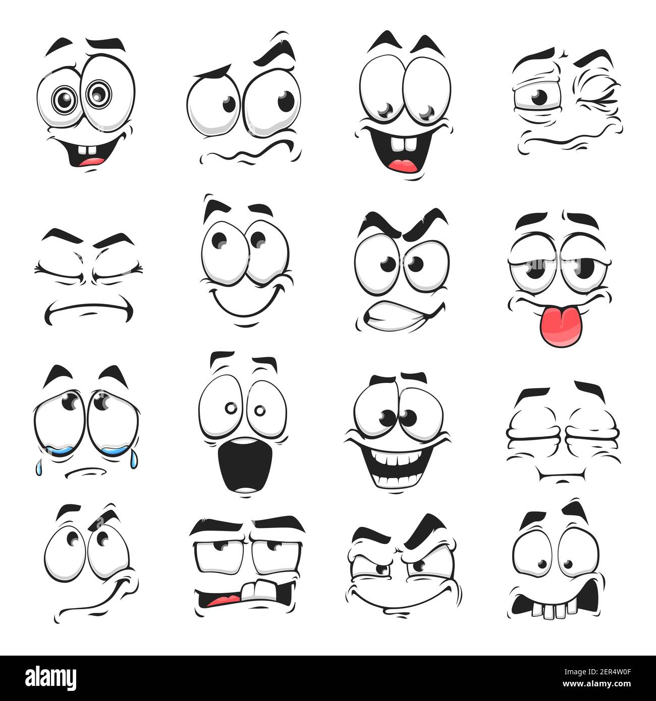 Cartoon faces. Happy excited smile laughing unhappy sad cry and scared face  expressions. Expressive caricatures vector set 24025283 Vector Art at  Vecteezy