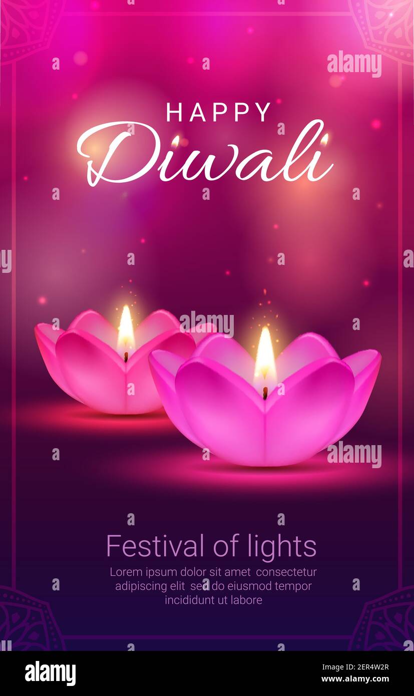 Indian Diwali light festival diya lamps vector design of Hindu religion holiday. Deepavali oil lamps in shape of flowers with pink petals and fire fla Stock Vector