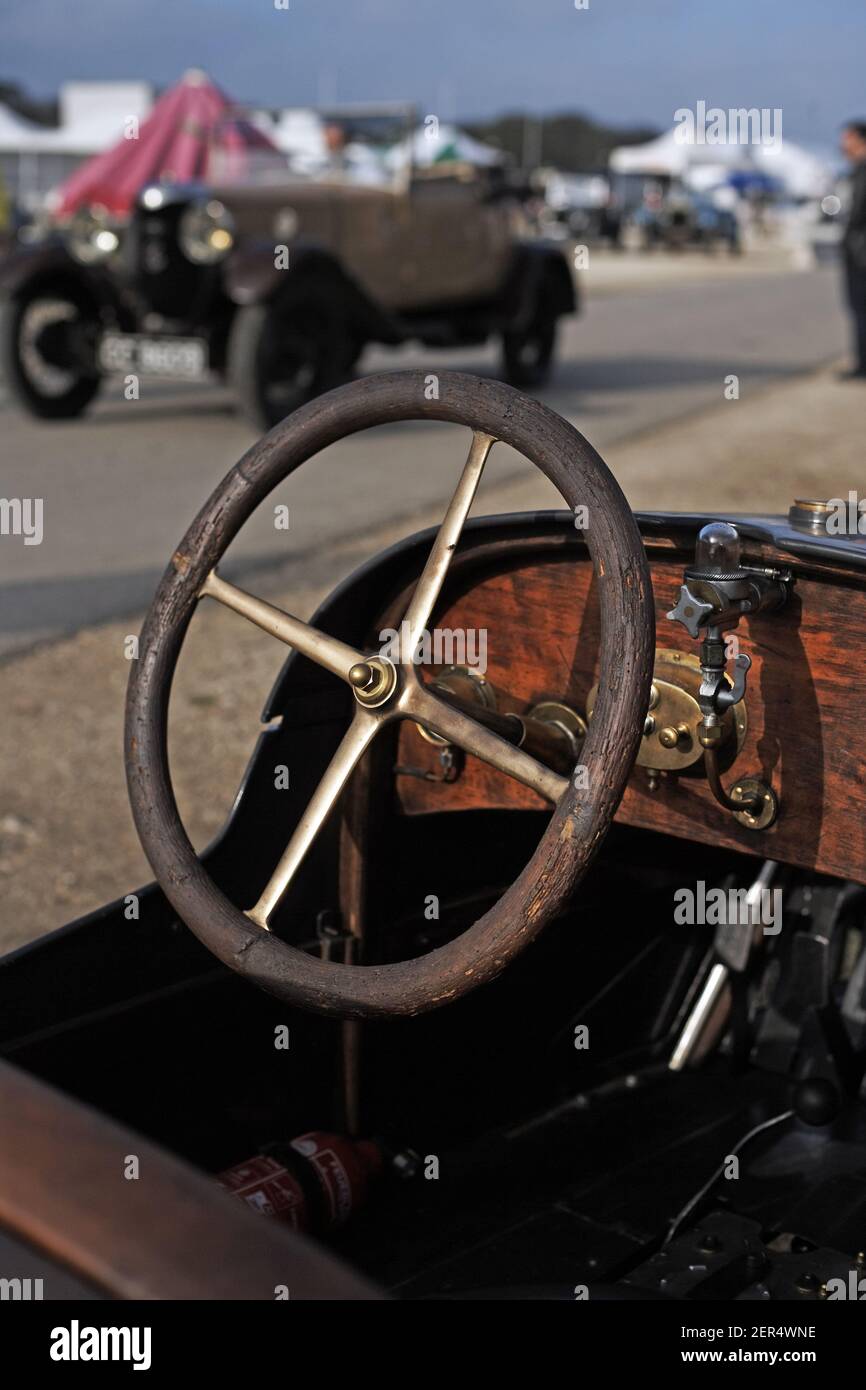 Vintage automobile dashboard and steering wheel at Vintage Revival Montlhery in Linas ,France Stock Photo
