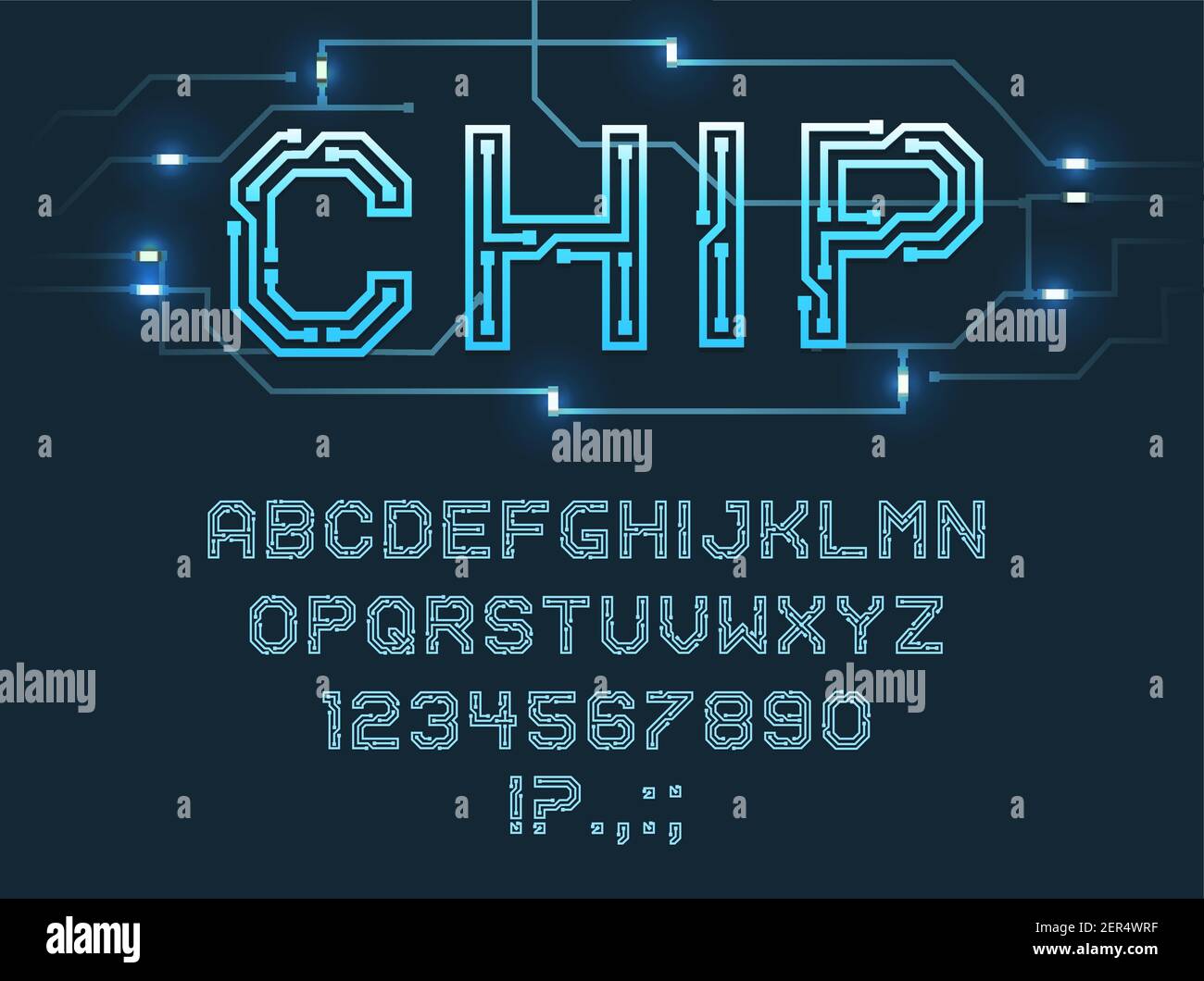 Chip type font, vector alphabet letters, digits and punctuation marks