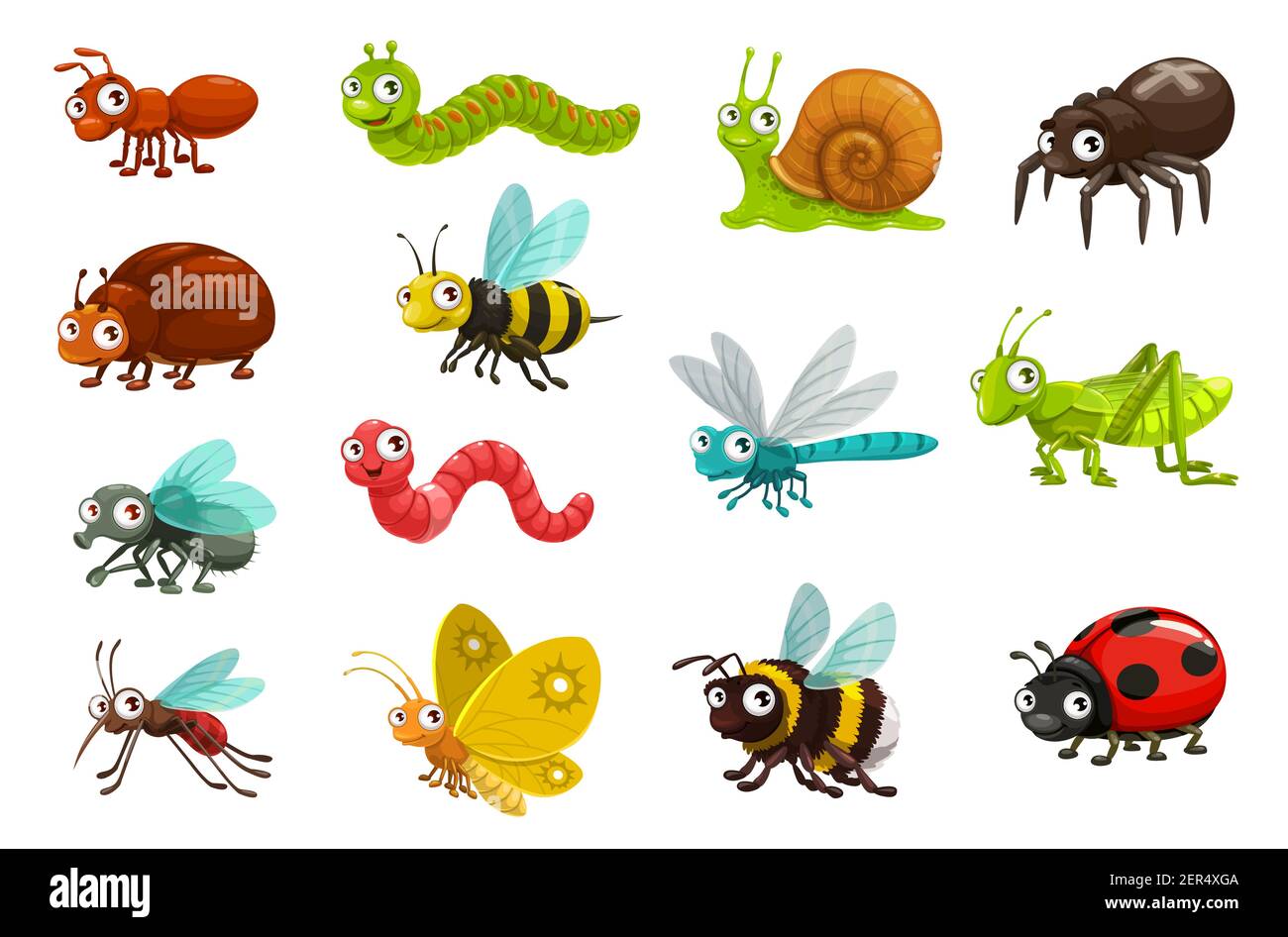 Cute bugs and insects cartoon characters. Happy smiling ant, caterpillar and snail, spider, beetle and bee, fly, earthworm and dragonfly, grasshopper, Stock Vector