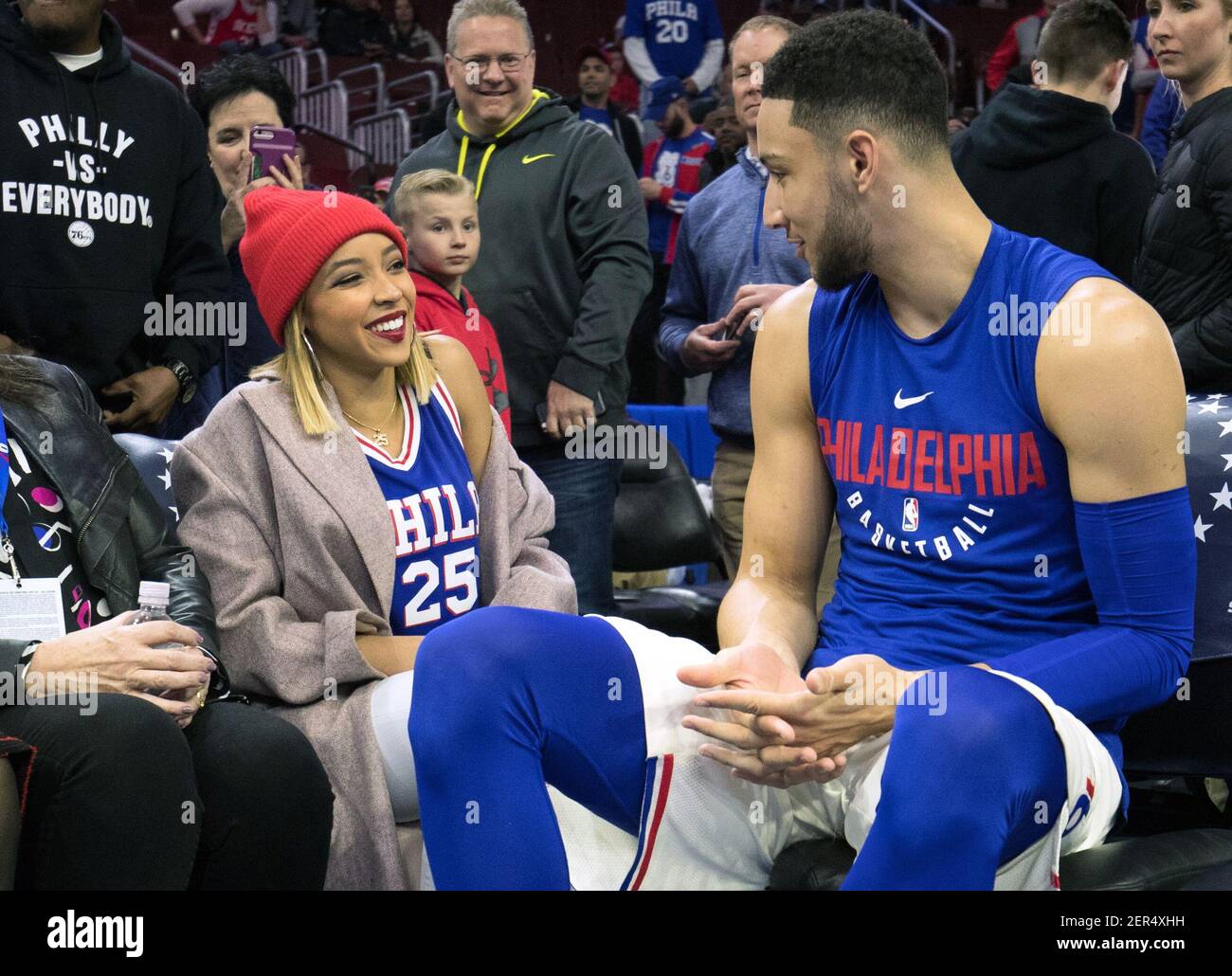 Apr 16, 2018; Philadelphia, PA, USA; Philadelphia 76ers guard Ben Simmons  (right) talks with his girlfriend recording artist Tinashe before game two  of the first round of the 2018 NBA Playoffs against