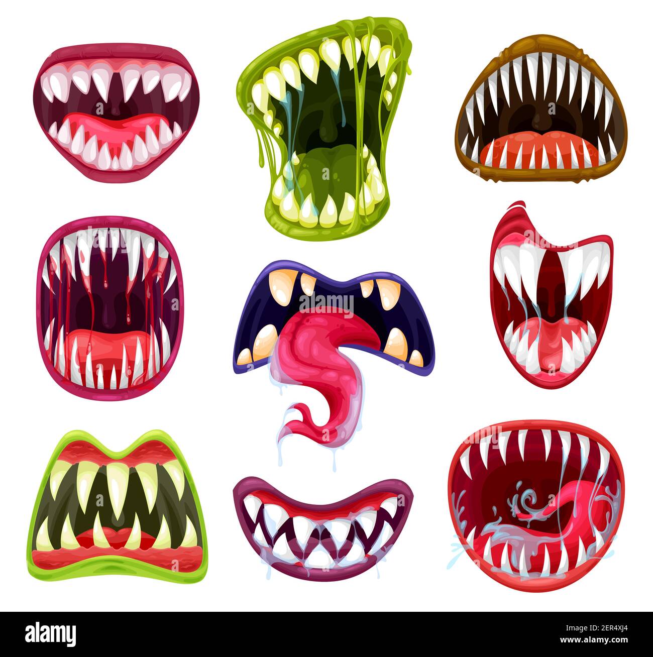 Halloween monster mouths, teeth and tongues cartoon vector set