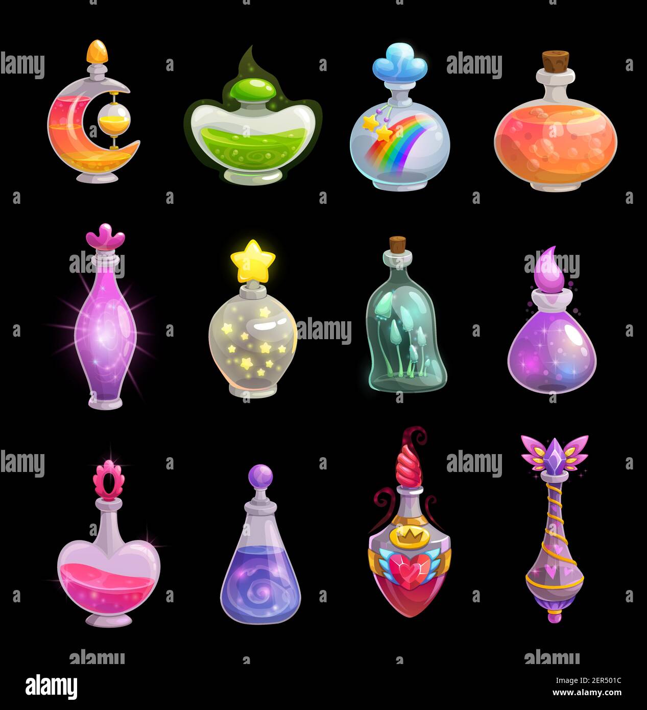 Potion bottles vector icons, elixir in glass flasks with magic dust and ...