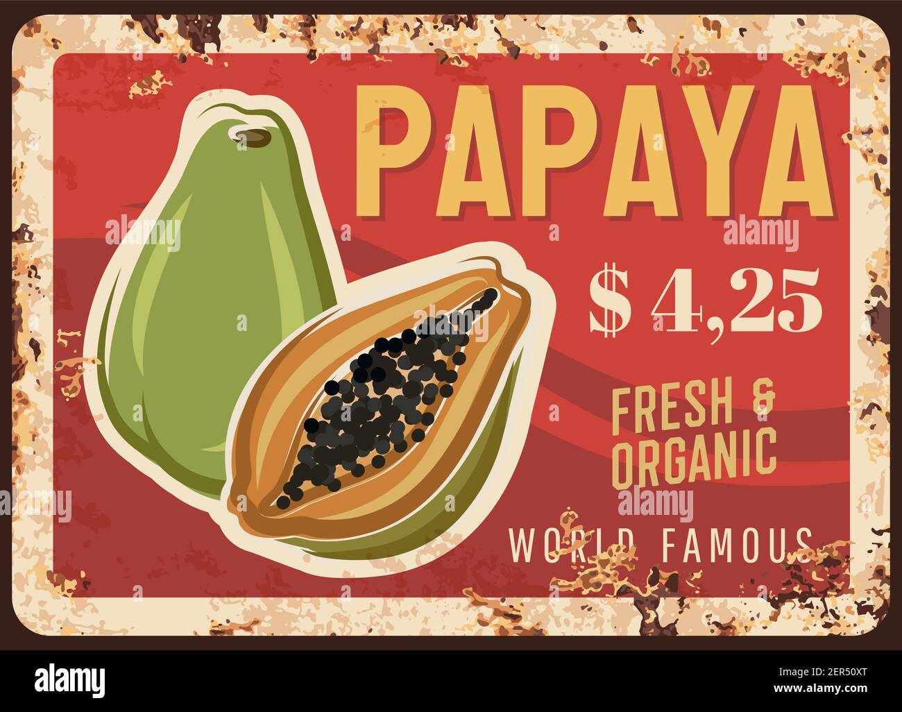 Papaya fruit rusty metal plate with price, food farm market, vector