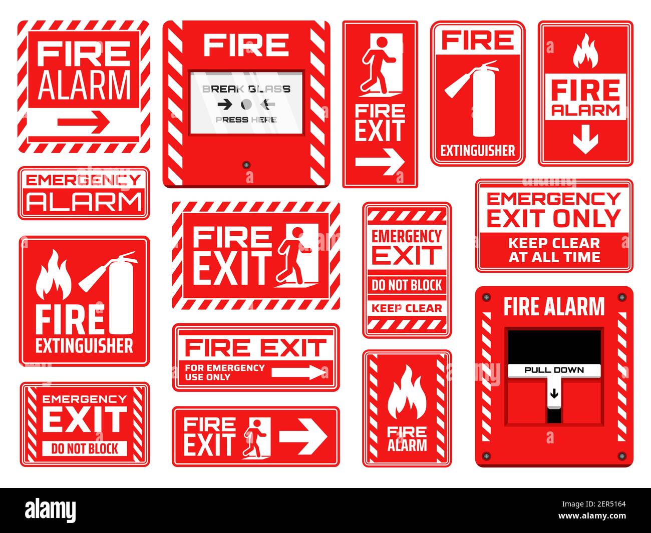 Fire emergency signs vector design of fire exit, extinguisher, alarm