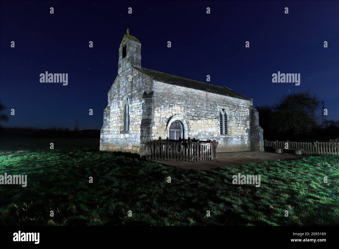 St Mary's Chapel, also known as St Mary's Church at Lead near Tadcaster. The church has been illuminated using a rgb led light Stock Photo