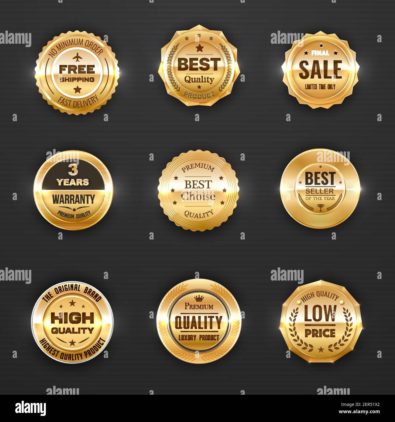 Warranty and quality labels vector golden emblems with laurel branches, stars and crowns. Best