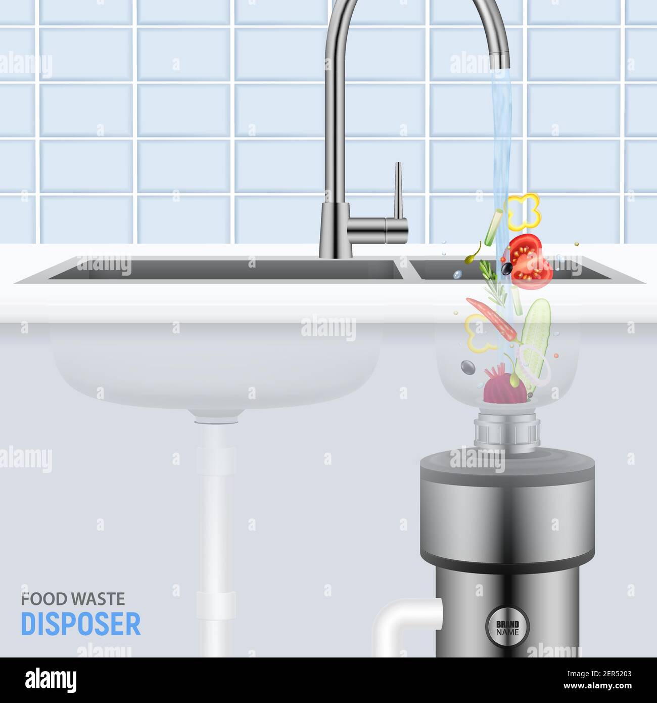 Kitchen sink with slices of vegetables falling with water into food