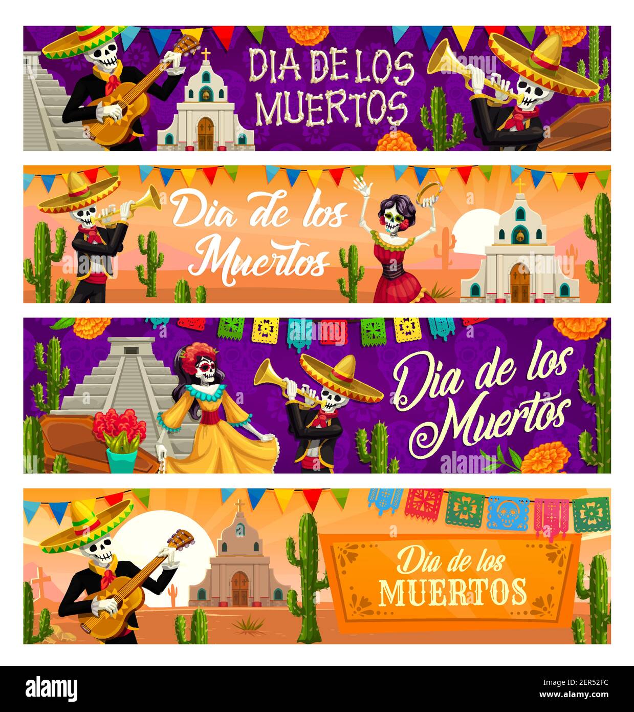 Dia de los Muertos skeleton vector banners of Mexican Day of the Dead ...