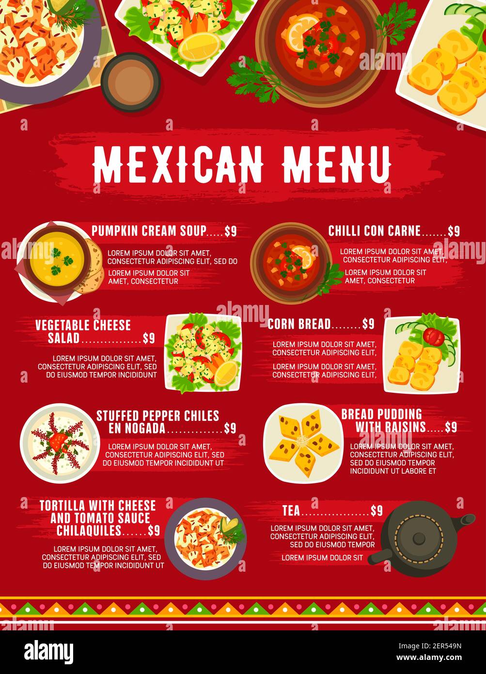 Mexican food cuisine menu, restaurant meals dishes, vector meat and salsa sauces. Mexican