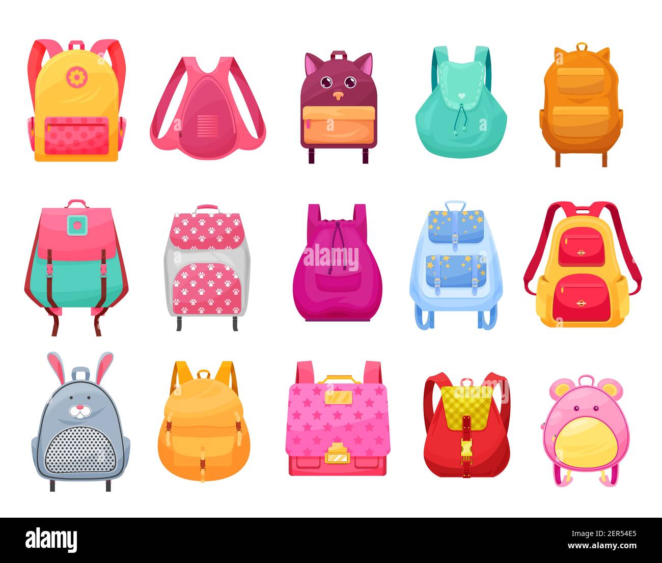 School bag and backpack for girls isolated cartoon icons set. Vector