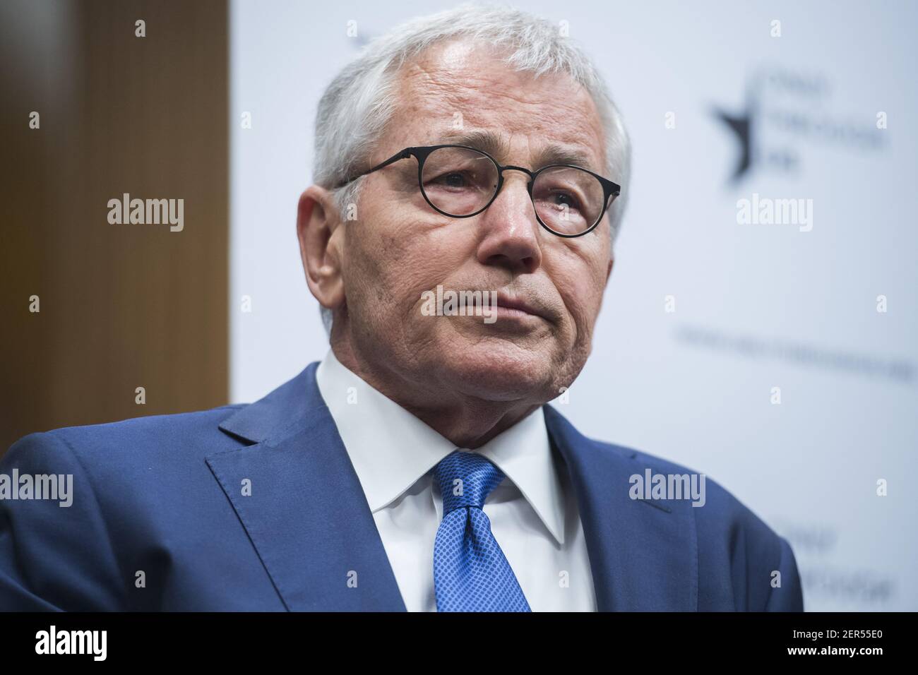 UNITED STATES - APRIL 19: Former senator and Defense Secretary Chuck Hagel, participates in a briefing in Dirksen Building titled "U.S. National Security and the Travel Ban," on April 19, 2018. The event was hosted by Human Rights First and Only Through US. (Photo By Tom Williams/CQ Roll Call) Stock Photo