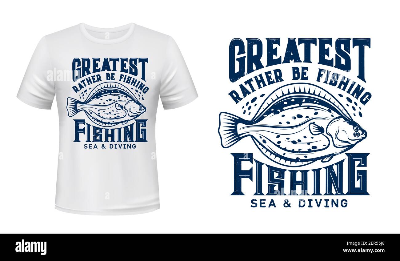Flounder fish t-shirt vector print mockup. Flounder, sea saltwater flatfish  engraved illustration and vintage typography. Sea or ocean underwater fish  Stock Vector Image & Art - Alamy